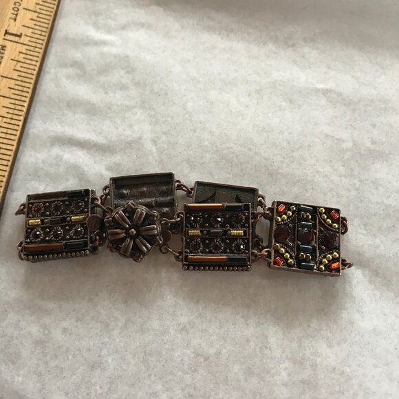 Vintage Copper Tile Link Bracelet w/Faceted Stones - 7" Long - Picture 2 of 16